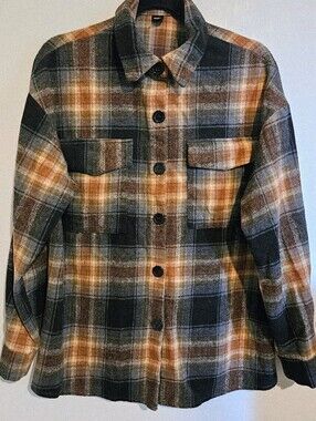 SHEIN Women’s Plaid Shacket Size M Black Orange Gray Button Front